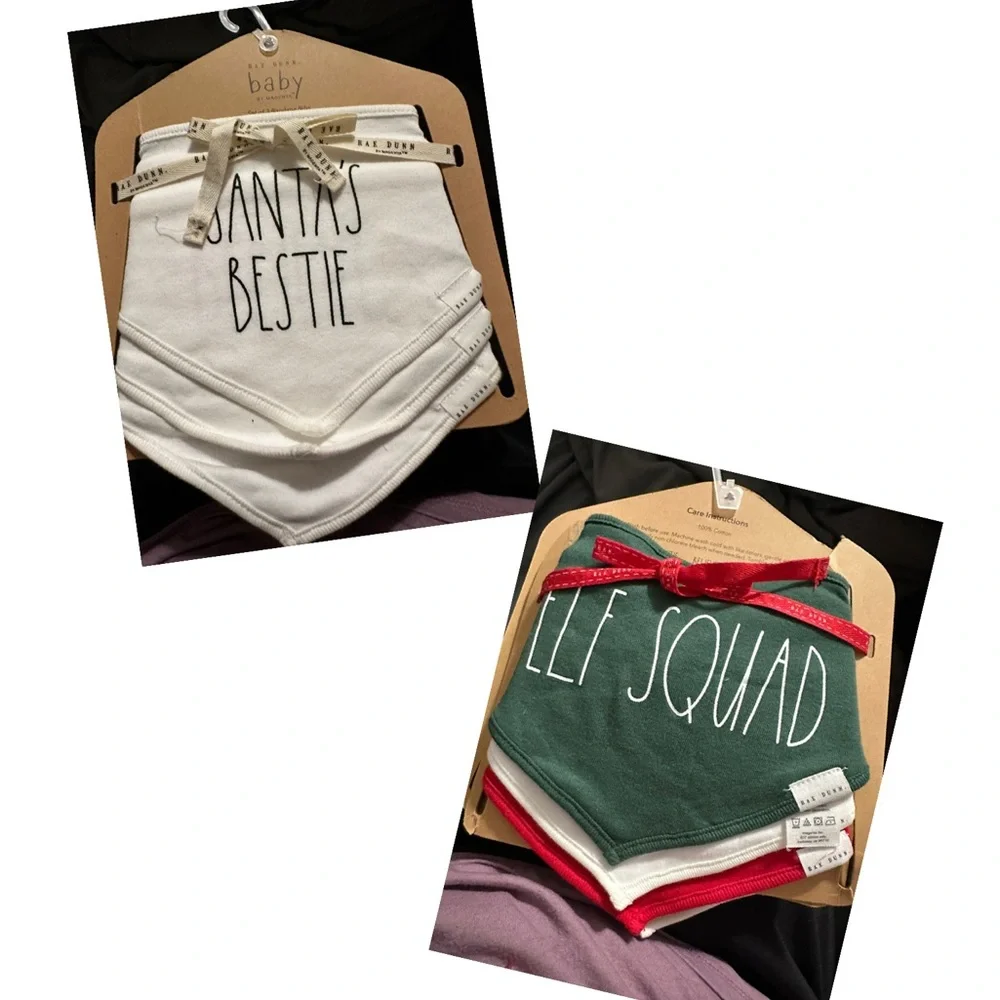 NWT Rae Dunn Baby Bandana Bibs - Santa's Bestie White, Elf Squad in Green